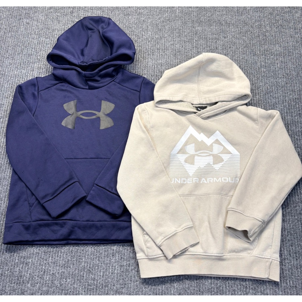 Under Armour Youth Small Hoodie Bundle Navy Blue Tan Graphic Logo Sweatshirts 2p
